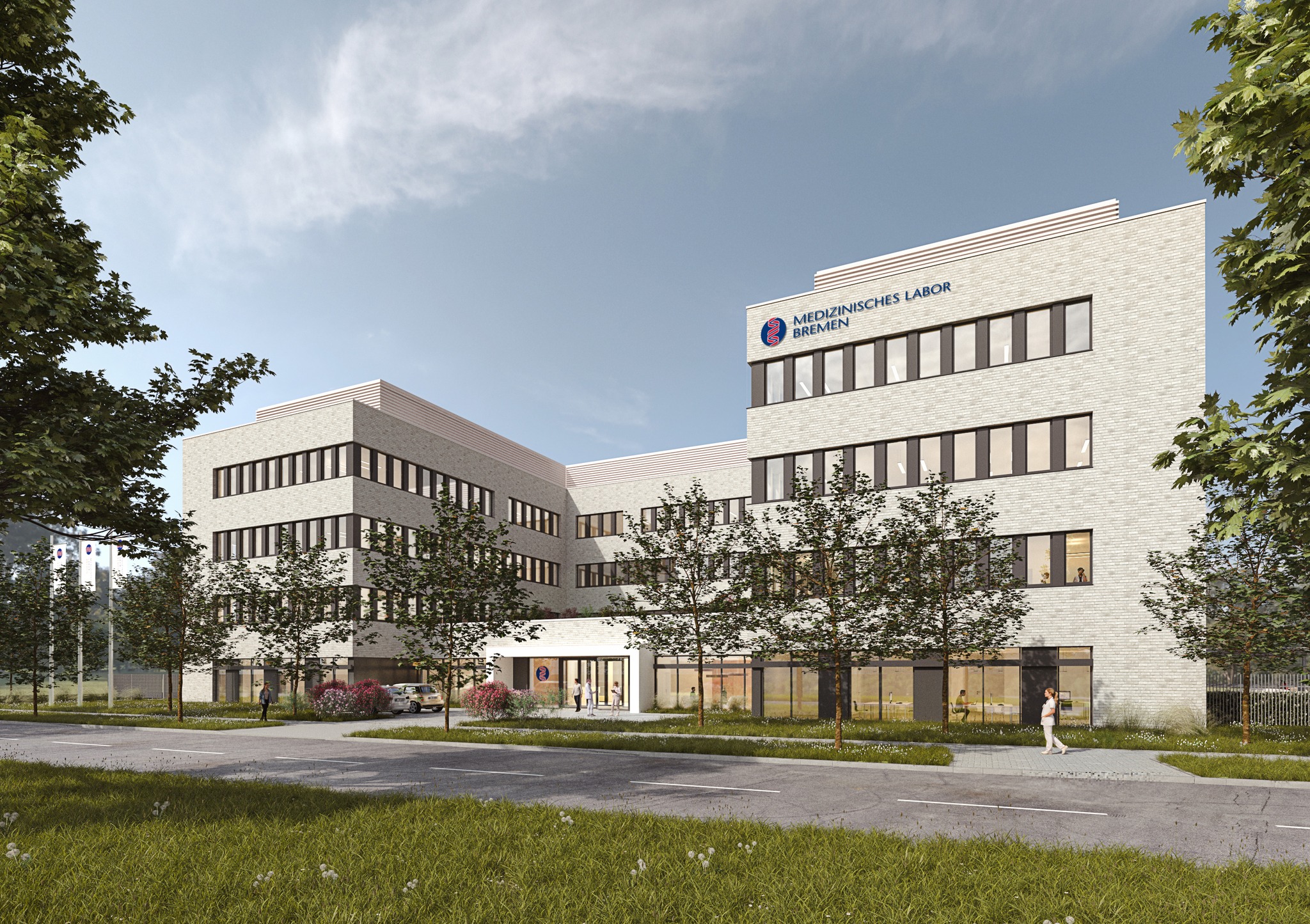Neubau des Medizinischen Labors Bremen mit vier Stockwerken, weißer Fassade und Logo, umgeben von Bäumen und Grünflächen im Büropark an der Louis-Leitz-Straße 2.